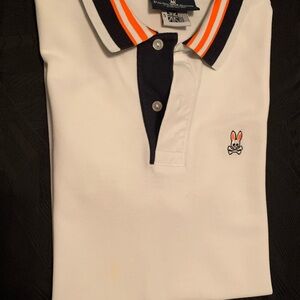 White Polo Shirt with Orange and Black Accents
